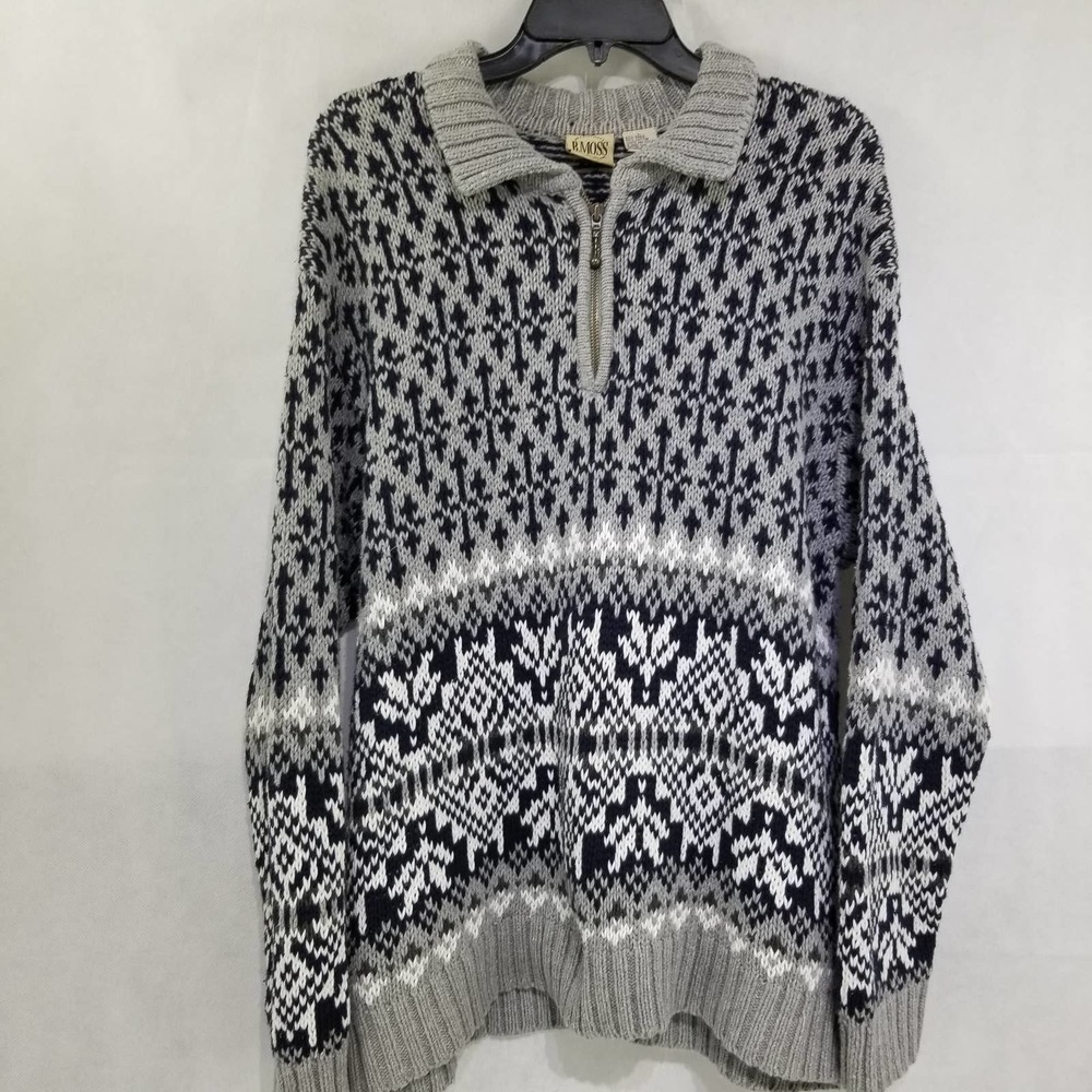 B. Moss Fair Isle Winter 1/4  Zip Sweater  L Gray Blue White Ramie Cotton